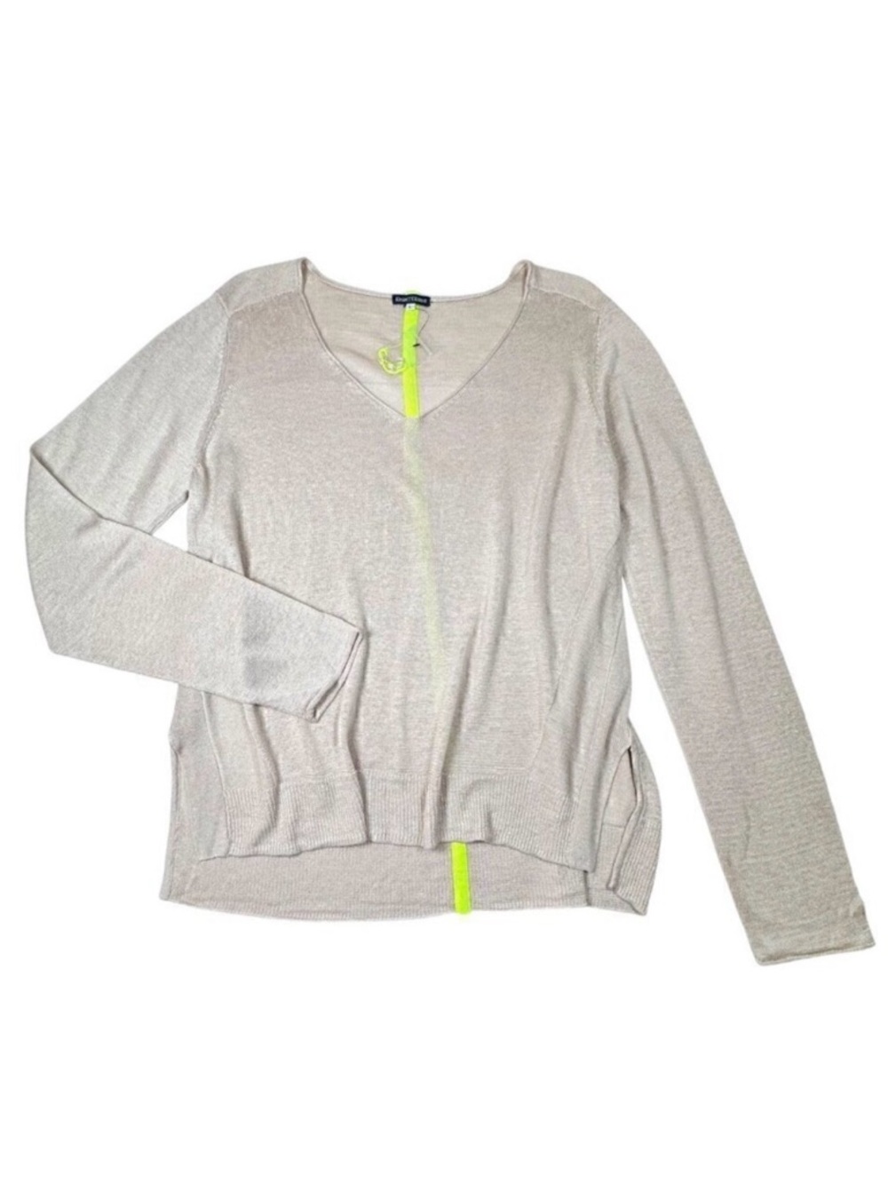 New Linen V-Neck Sweater Sz L Beige Relaxed Fit Minimalist Neutral Contemporary